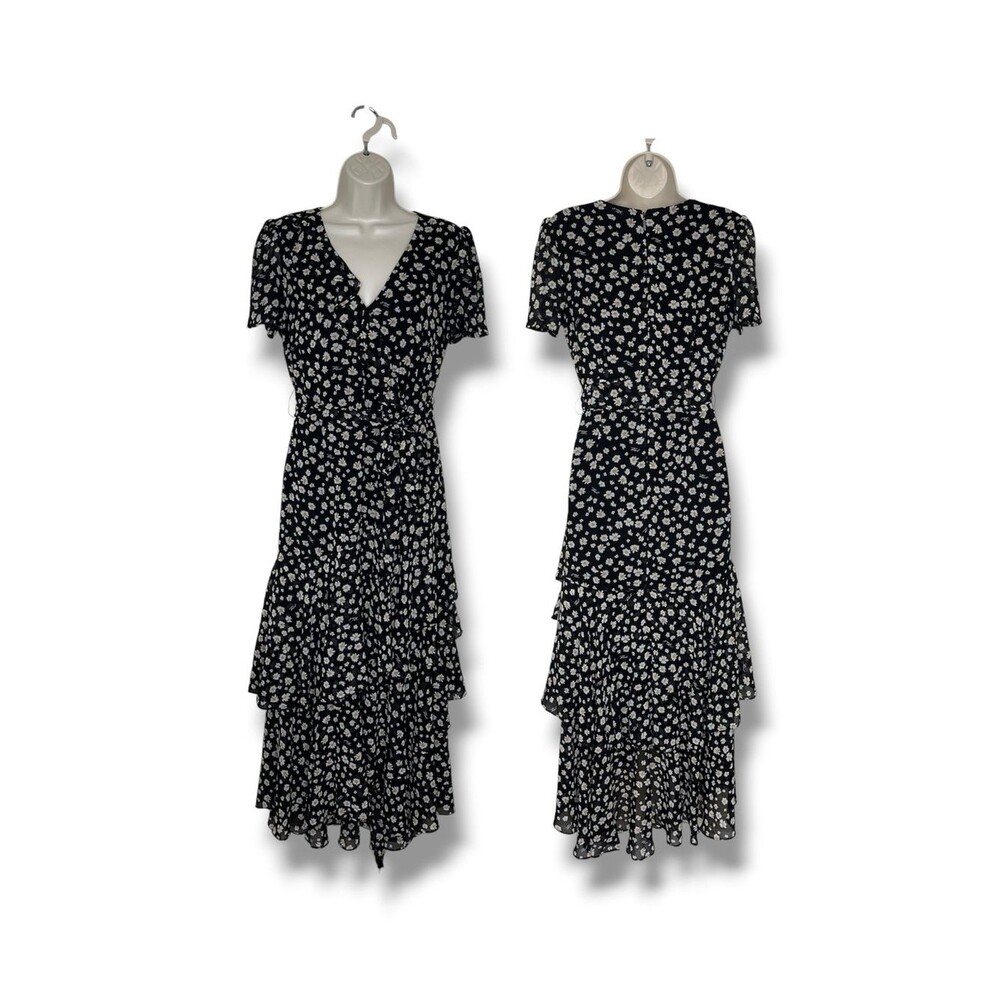 Karl Lagerfeld Black Daisy Floral Midi Dress V Neck Tiered Ruffle Hem Womens 6